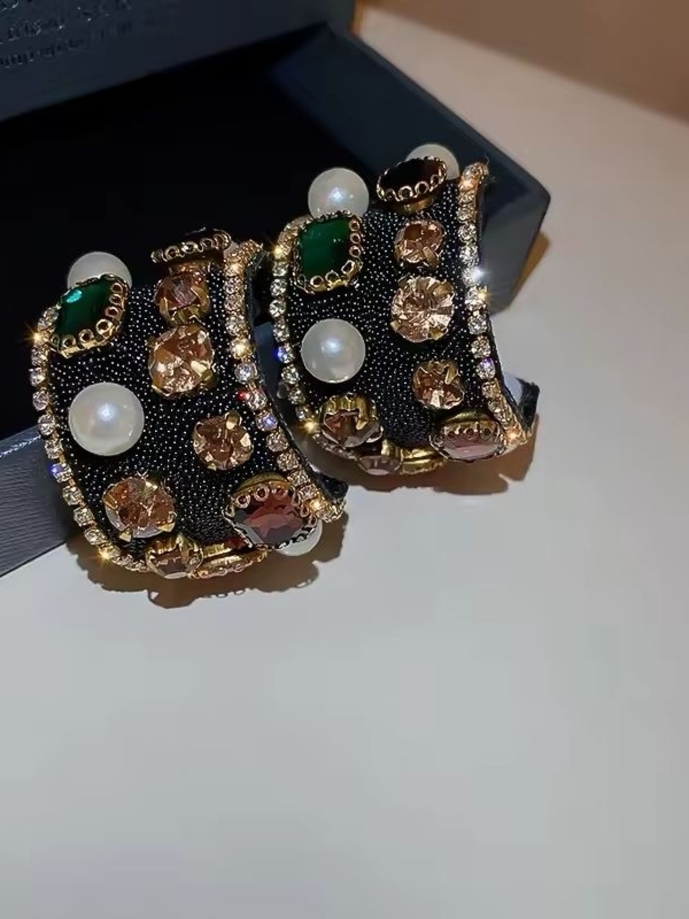 Luxury Black Beaded Statement Cuff Earrings with Pearls and Gem Accents